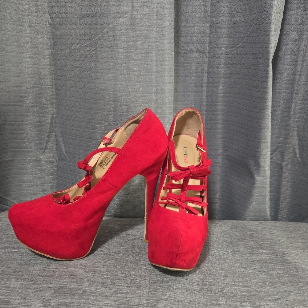 JustFab Red Lace-Up Platform Heels